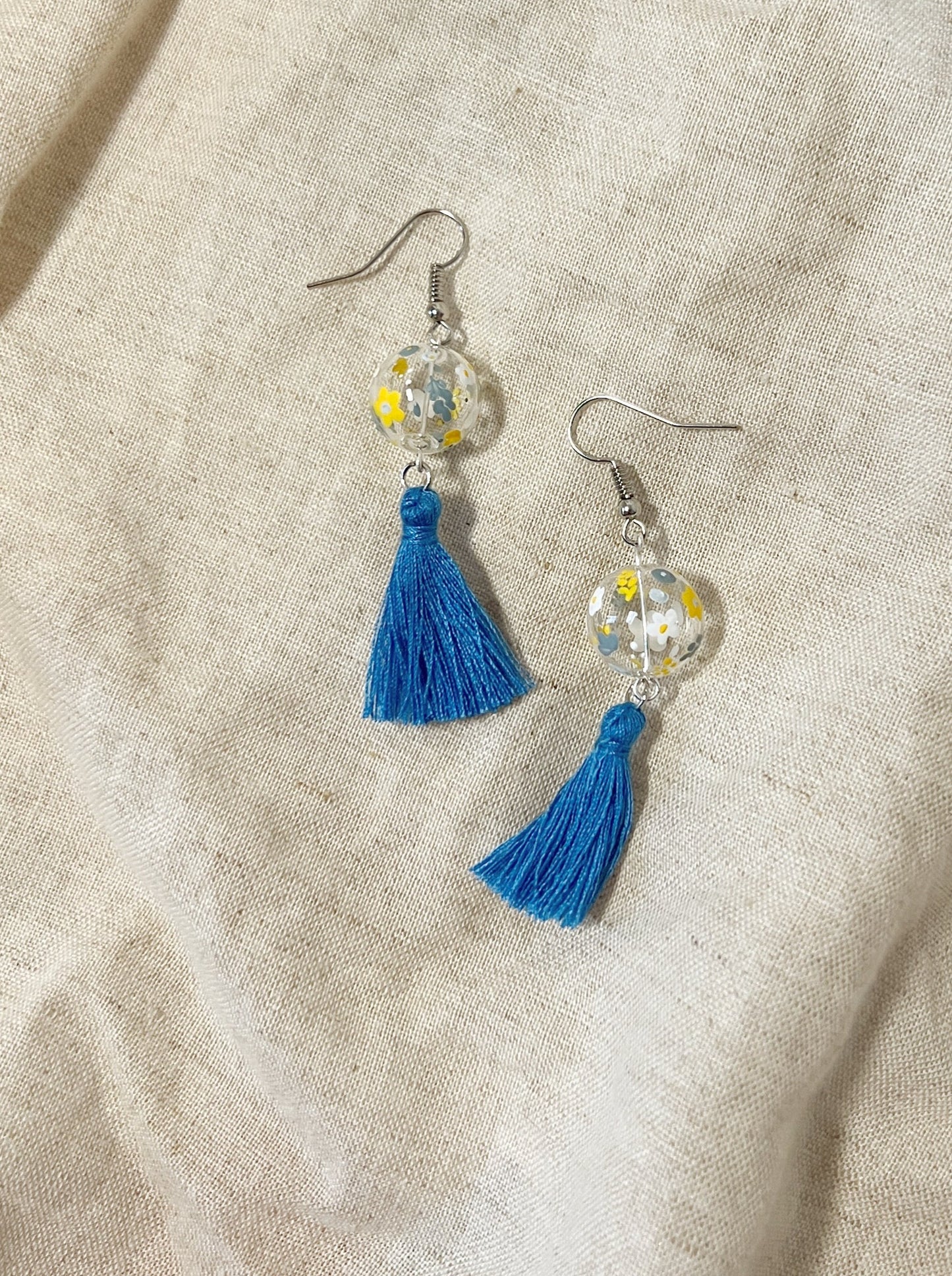 Little Cotton Floral Earrings (w blue tassel)