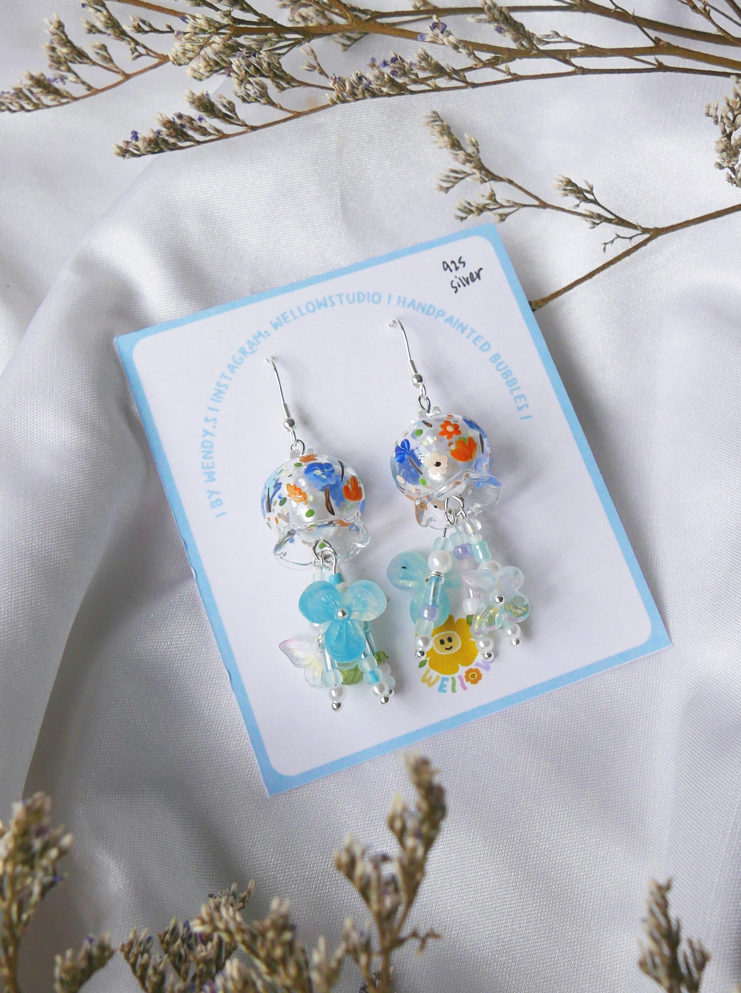 Vintage Floral Watercolour Style Blue (925 silver)