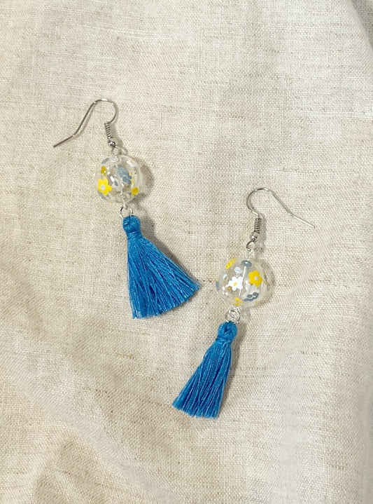 Little Cotton Floral Earrings (w blue tassel)