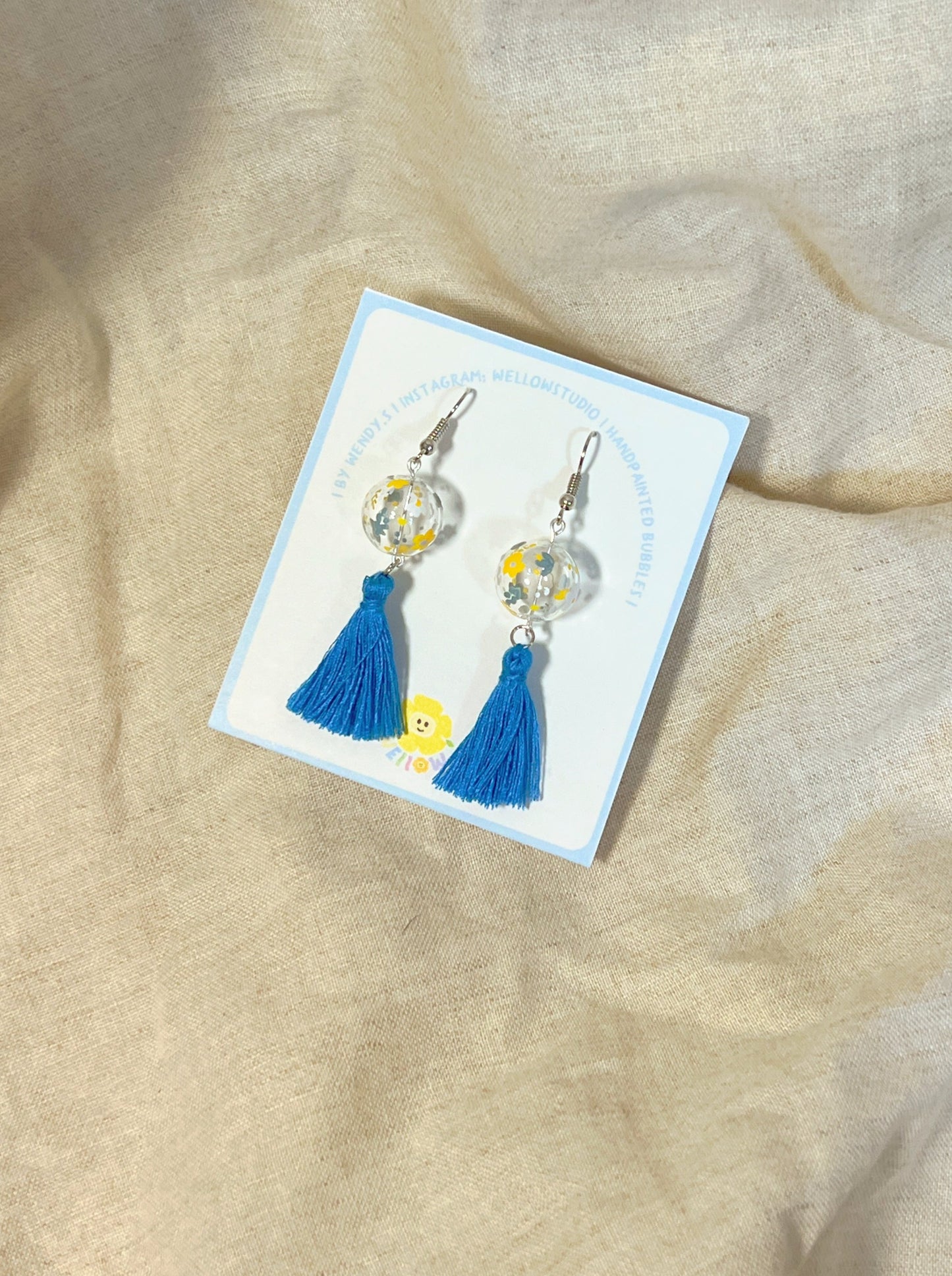 Little Cotton Floral Earrings (w blue tassel)