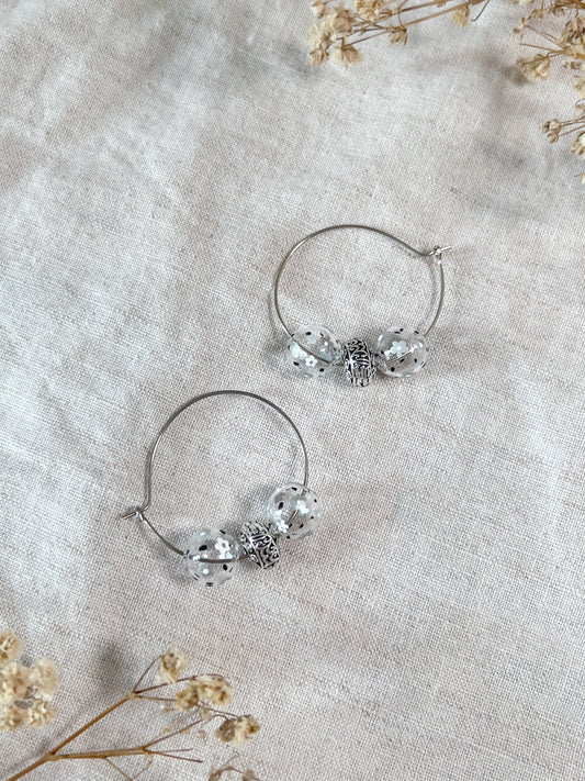 Silver and White Floral Hoops