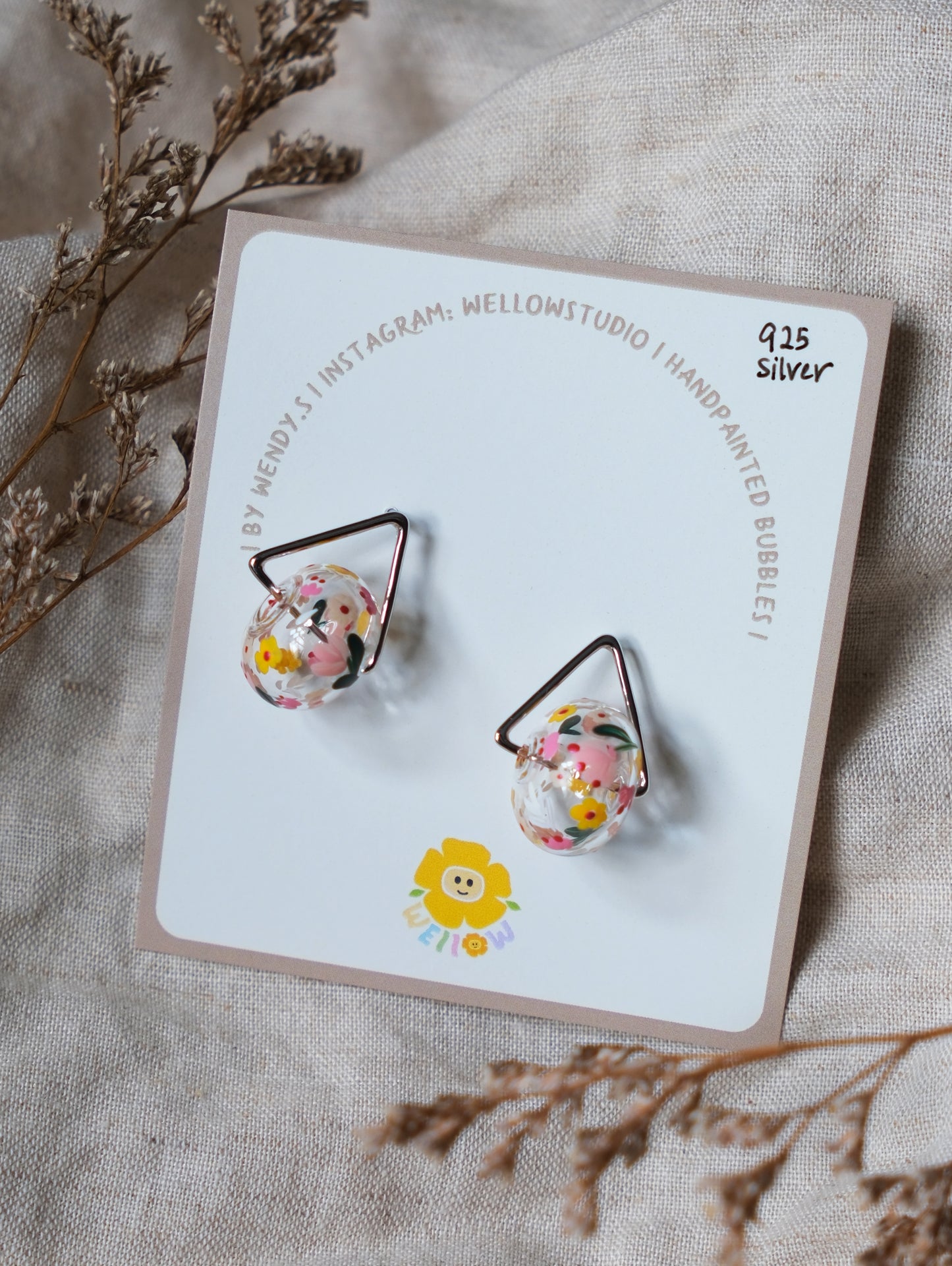 Peach Floral Triangle Ring Studs (925 silver)