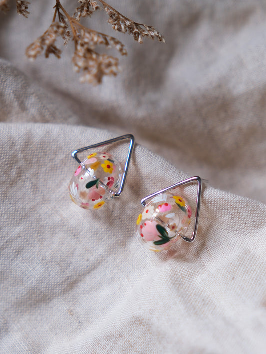 Peach Floral Triangle Ring Studs (925 silver)